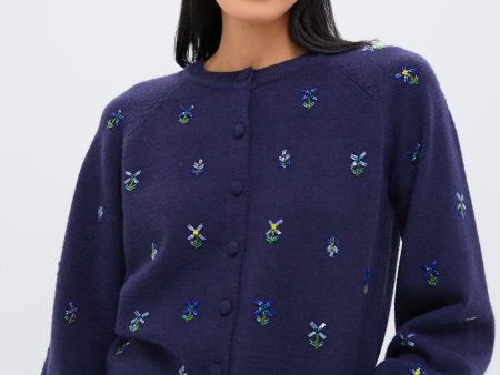 Blue Floral Embellishment Navy Elsie Cardigan For Sale