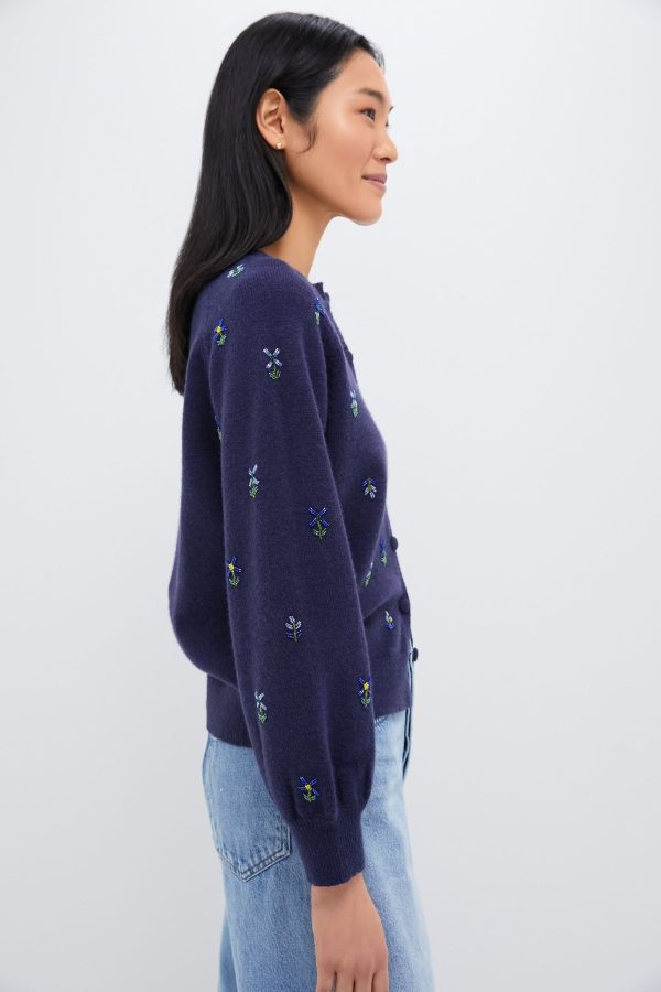 Blue Floral Embellishment Navy Elsie Cardigan For Sale