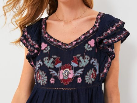 Navy Eclisse Embroidery Flutter Sleeve Top on Sale