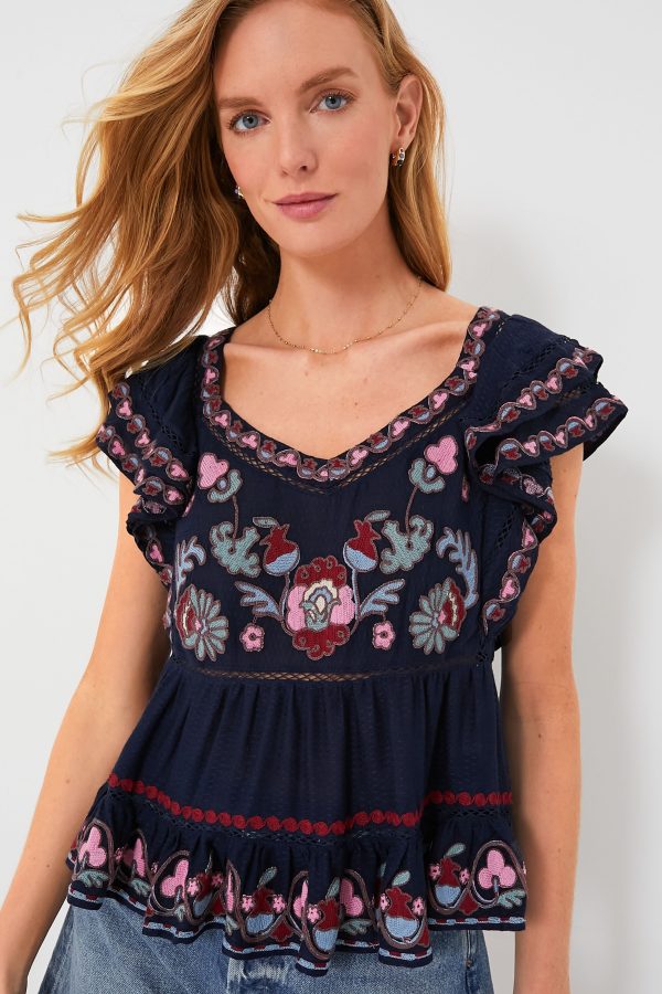 Navy Eclisse Embroidery Flutter Sleeve Top on Sale