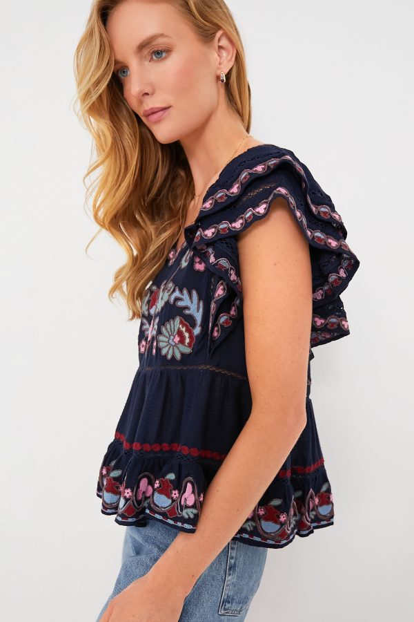 Navy Eclisse Embroidery Flutter Sleeve Top on Sale