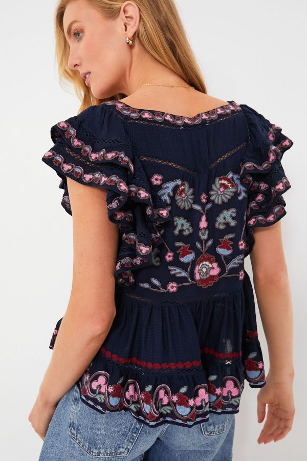 Navy Eclisse Embroidery Flutter Sleeve Top on Sale