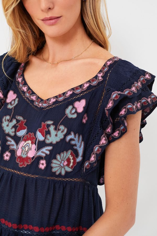 Navy Eclisse Embroidery Flutter Sleeve Top on Sale