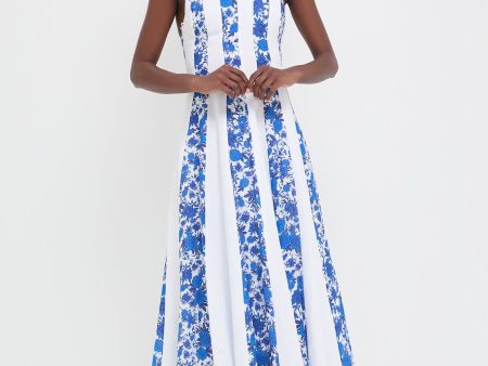 White and Blue Floral Linen Midi Dress For Sale