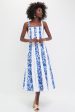 White and Blue Floral Linen Midi Dress For Sale