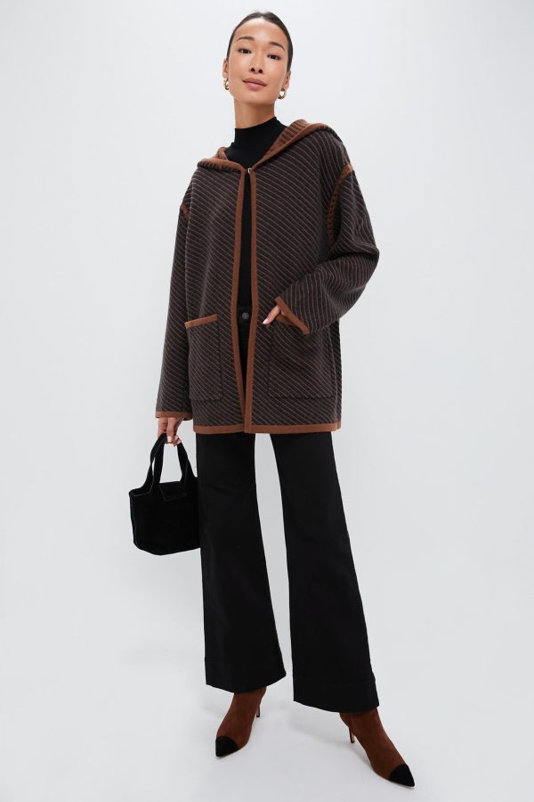 Dark Grey and Camel Stripes Cashmere Wool Blend Twill Coat Sale