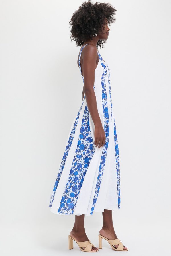 White and Blue Floral Linen Midi Dress For Sale