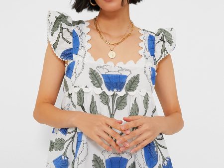 White and Klein Blue Baby Doll Top with Bellflower Blockprint Cheap