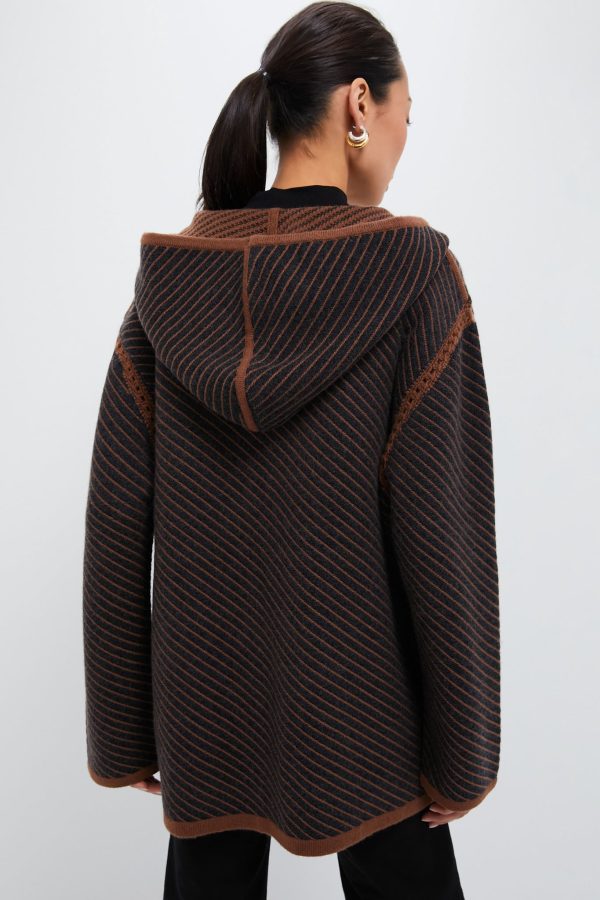 Dark Grey and Camel Stripes Cashmere Wool Blend Twill Coat Sale