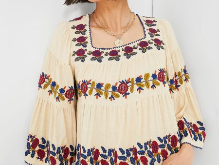 Beige Nan Silk Embroidery Bell Sleeve Squared Neck Top Fashion