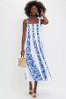 White and Blue Floral Linen Midi Dress For Sale