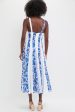 White and Blue Floral Linen Midi Dress For Sale