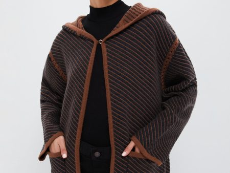 Dark Grey and Camel Stripes Cashmere Wool Blend Twill Coat Sale