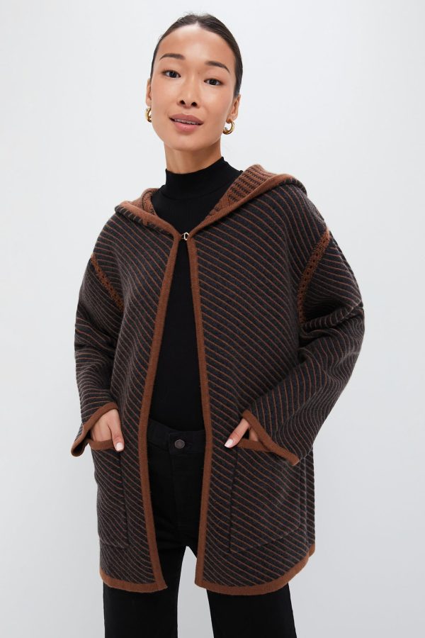 Dark Grey and Camel Stripes Cashmere Wool Blend Twill Coat Sale