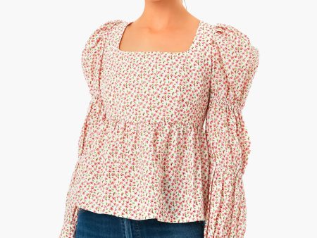 White and Pink Clemons Long Sleeve Puff Blouse Cheap