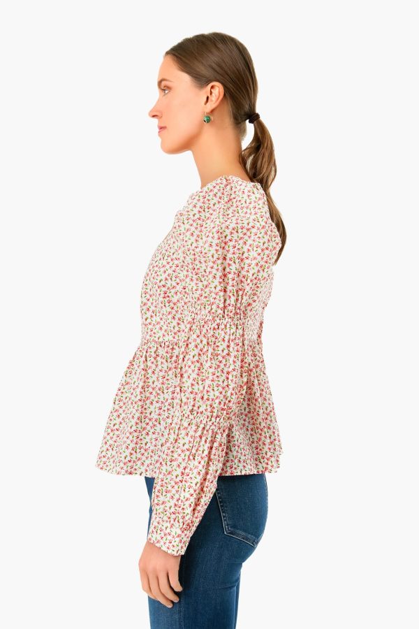 White and Pink Clemons Long Sleeve Puff Blouse Cheap